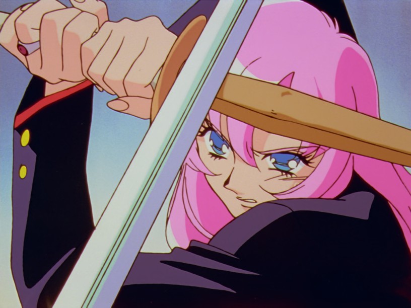 Utena blocking a sword with a wooden sword.